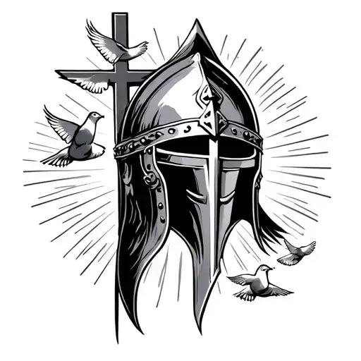 a crusader helmet with a cross shooting sun rays along with doves flying  tattoo design idea
