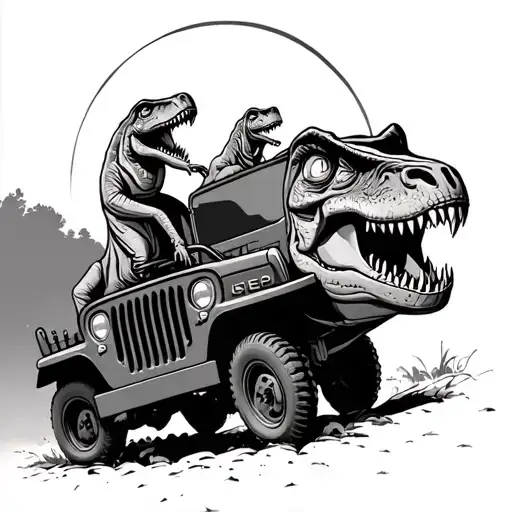 1944 jeep willies being driving by a t-rex tattoo design idea