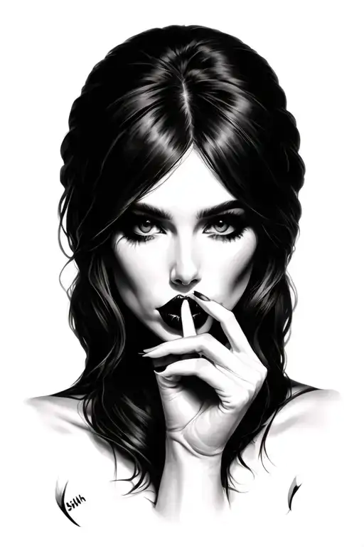 Realistic woman, eyes hidden, finger to lips in 'shh' pose, mysterious and magical aura, hot lips tattoo design idea