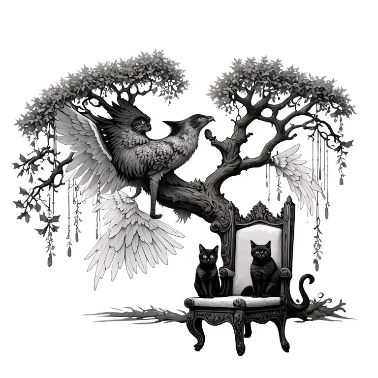 oak tree with mistletoe hanging from the branches behind a throne with two cats sitting on it and Phoenix wings spread tattoo design idea