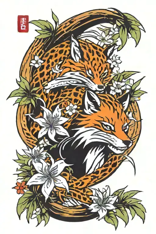 nine tail fox, spider lily flower, bamboo forest tattoo design idea