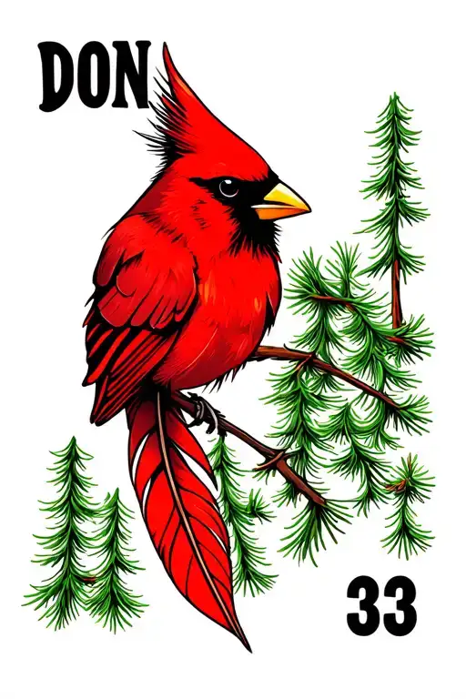 A Cardinal feather in color with pine trees in the background and the number 33 and the name Don  tattoo design idea