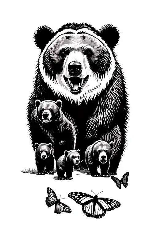Papa bear and 3 black bear cubs and 2 monarch butterfly walking in the wilderness trees tattoo design idea