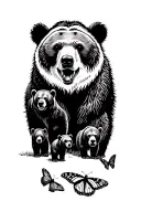 Papa bear and 3 black bear cubs and 2 monarch butterfly walking in the wilderness trees tattoo design idea