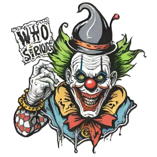 an evil psychic clown with the saying why so serious tattoo design idea