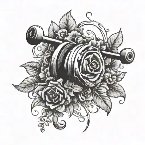A CrossFit barbell wrapped in vines with flowers and leaves tattoo design idea