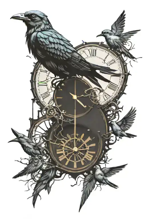 Broken Steam Punk clock face(no hands), morph into birds to symbolize jail time and freedom tattoo design idea