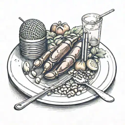 A plate of food with cricket wickets and a microphone as garnish, reflecting the client's favorite things and interests tattoo design idea