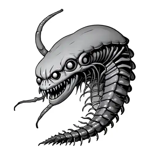 human centipede with a head that has many 6 eyes and 3 noses tattoo design idea