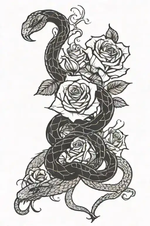 roses, snakes entwined tattoo design idea