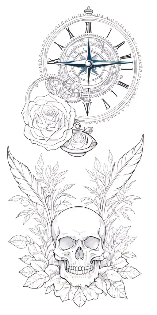 third eye, skull, compass, pocket watch surrounded by gears, rose, feather, trees for family tattoo design idea