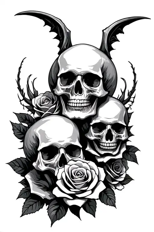 hear no evil see no evil speak no evil dark skulls angles roses tattoo design idea
