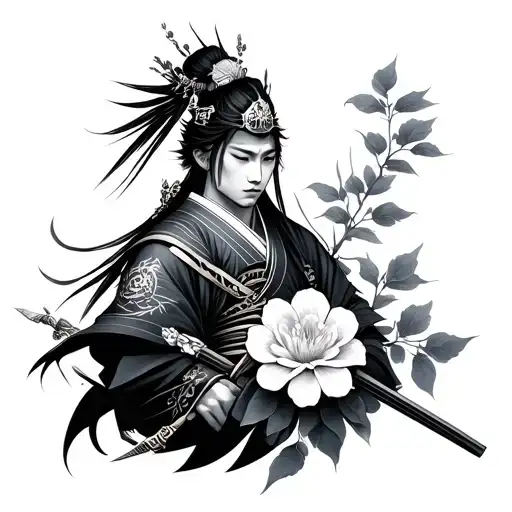 Japanese warrior and flower tattoo design idea