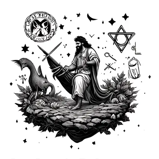 A whimsical scene of Arjun exploring a fantastical world inspired by Tolkien's creations, surrounded by symbols of his favorite things tattoo design idea