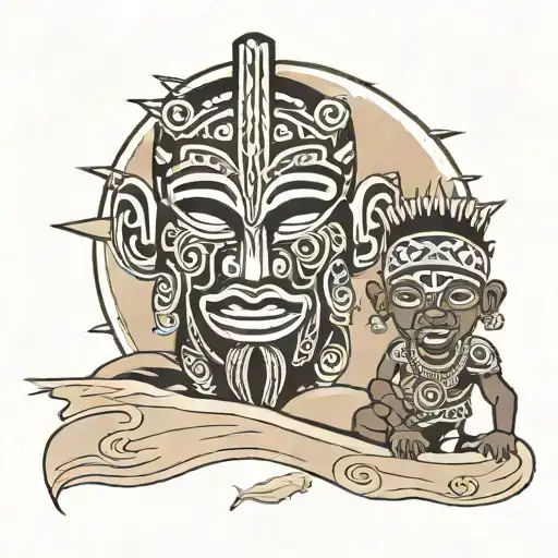 Nigerian Igbo tribal mask tattoo with space for a picture of a dad and son walking on beach  tattoo design idea
