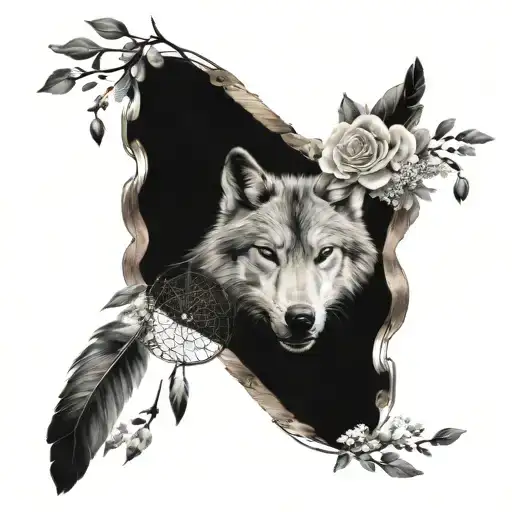 roses with babys breath flower and wolf in middle of dream catcher with feathers  tattoo design idea