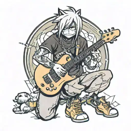 A new-school style tattoo of a rockstar anime character playing a guitar, with a dog sitting at their feet tattoo design idea