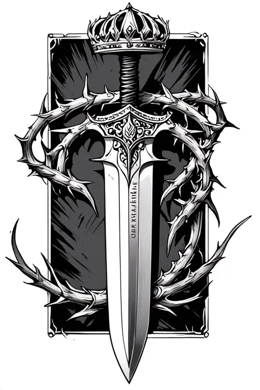 dagger with thorn crown on its handle and Philippians 4:13 down the middle of the blade tattoo design idea