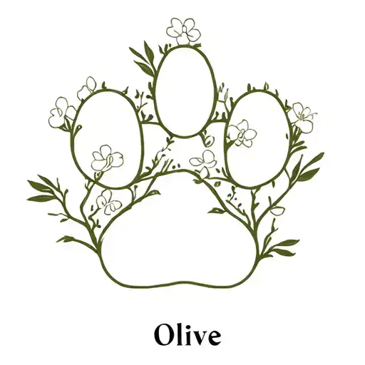 fine line tattoo, pawprint, olive tree or vines growing, with flowers, and the name olive tattoo design idea