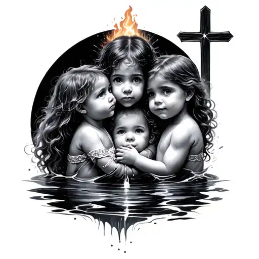 3 children, cross, star, fire and water tattoo design idea