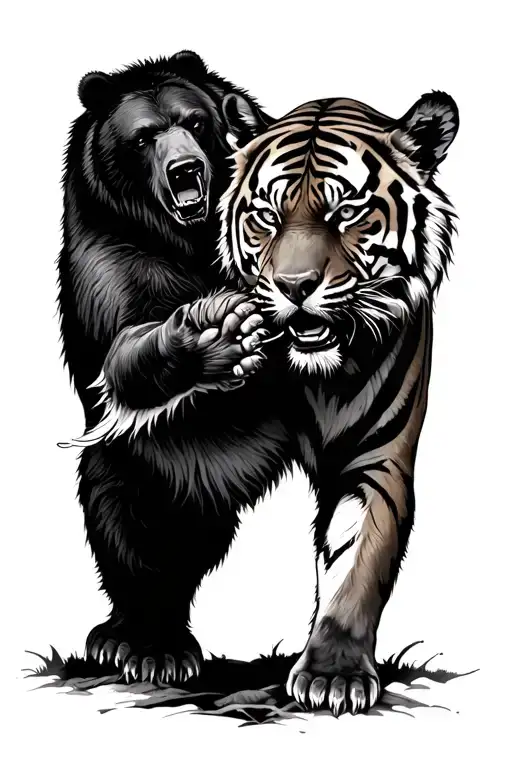 in black and gray of a ferocious grizzly bear fighting a Bengal tiger. Intense focus on the tattoo design idea