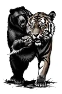 in black and gray of a ferocious grizzly bear fighting a Bengal tiger. Intense focus on the tattoo design idea
