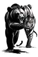 in black and gray of a ferocious grizzly bear fighting a Bengal tiger. Intense focus on the tattoo design idea