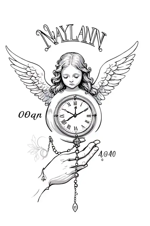 "NAYLANN" baby angel with wings and a clock that shows 00:40 as well as a hand holding a rosary tattoo design idea