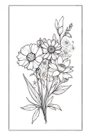 flower bouquet: Carnation, snowdrop, daffodil, jonquil, larkspur, water lily, aster, morning glory, chrysanthemum, peony tattoo design idea
