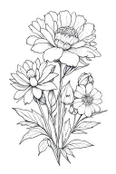 flower bouquet: Carnation, snowdrop, daffodil, jonquil, larkspur, water lily, aster, morning glory, chrysanthemum, peony tattoo design idea