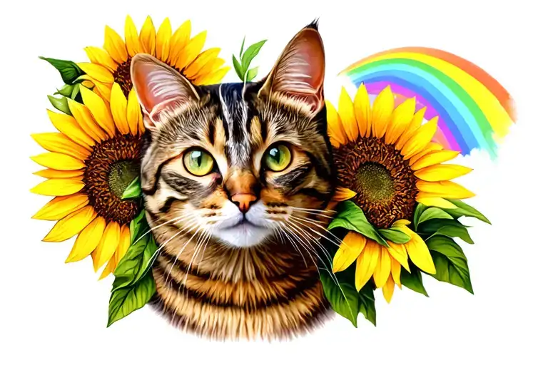 Brown tabby cat portrait with sunflowers and rainbow tattoo design idea