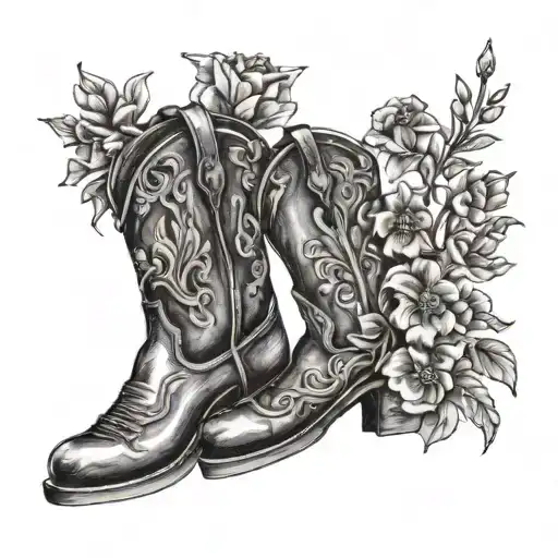 small tattoo design of a pair of cowboy boots with birth flowers from December March April and June coming out the top tattoo design idea