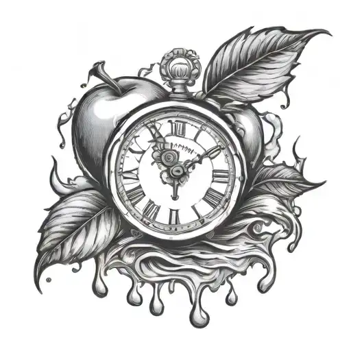 Clock melting poison apple tattoo design idea