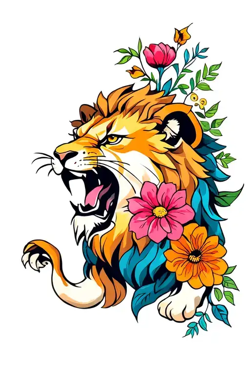 bright coloured neo-traditional lion snarling with flowers tattoo design idea