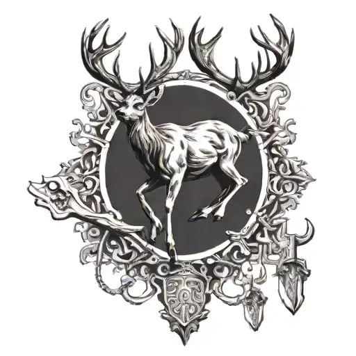 A realistic deer leaping over a crossed pair of axes, with detailed shading to highlight the muscles tattoo design idea