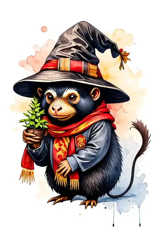 harry potter niffler wearing sorting hat and gryffindor scarf holding mandrake tattoo design idea