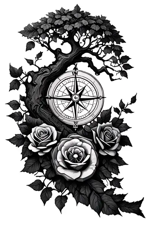 tree and compass and ivy and rose tattoo design idea