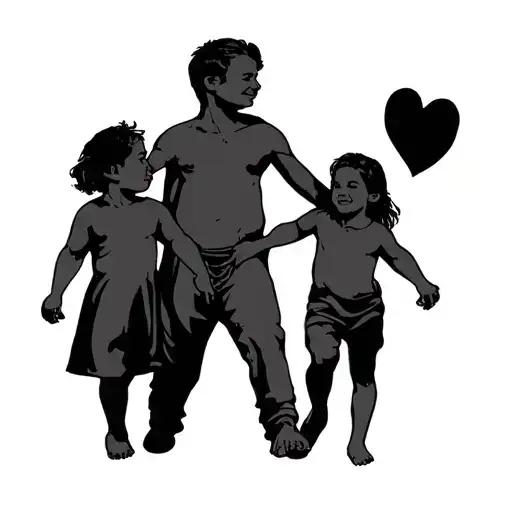 father with two children holding hands tattoo design idea