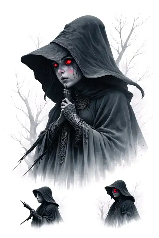 the Warden she is, non-human, solemn figure that emerges from the fog to watch over memories, loss. red eye glows  tattoo design idea