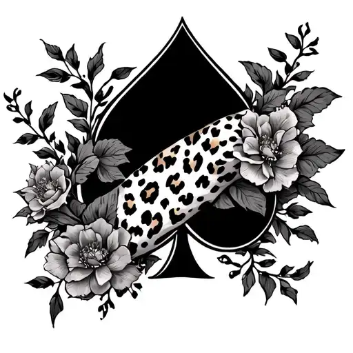 spade and cheetah print sleeve with flowers and vines wrapped tattoo design idea