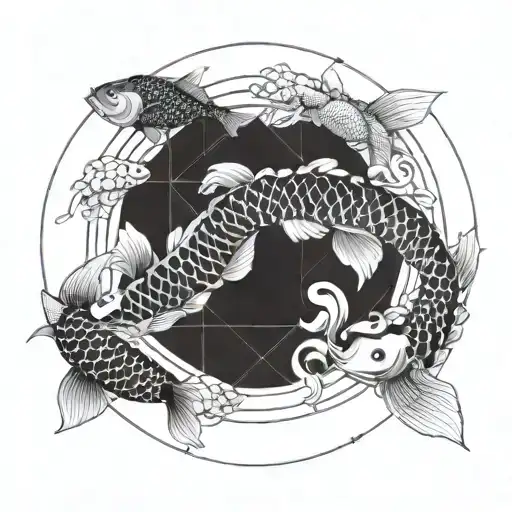 fine black line with a fibonacci spiral in the middle with two koi fishes circling around it, one black and one white tattoo design idea