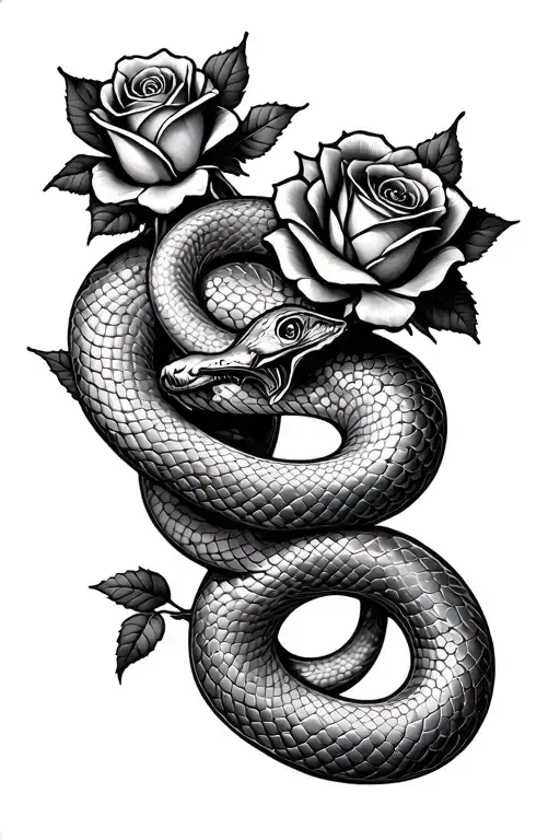 snake and roses interwined with sleep token tattoo design idea