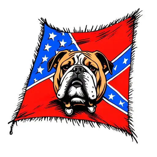 small  square red and blue confederate flag with bulldog head in center with border with american flag around it tattoo design idea
