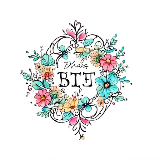wrist tattoo with lblack etters inside pretty colorful filigree and small delicate flowers tattoo design idea