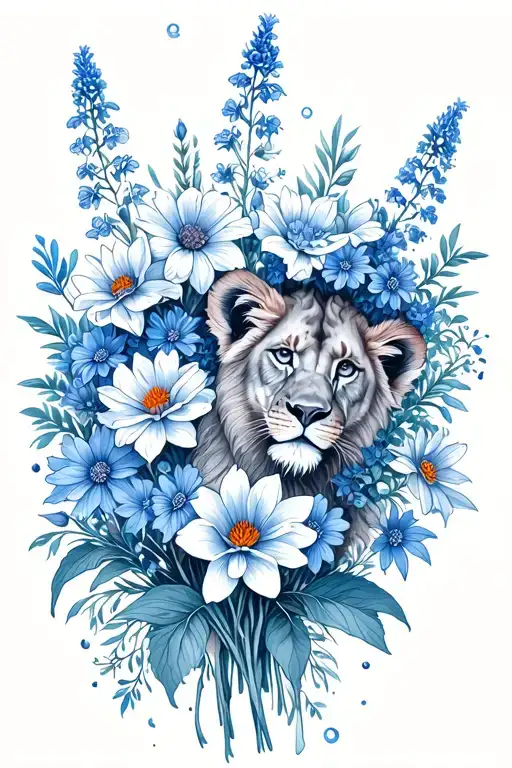 lion cub, bouquet of asters, delphinium, water lilies, morning glory flowers, Leo and Virgo constellations tattoo design idea