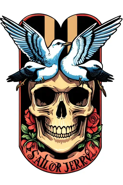 2 swallows and a skull in the style of sailor jerry style tattoo design idea