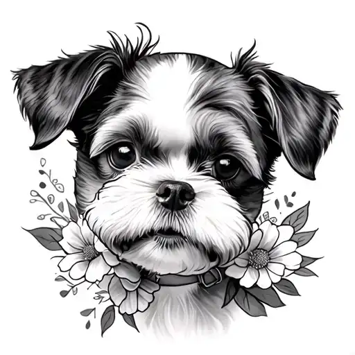 make a tattoo of flowers inspired by dog breeds, toy poodle, mix, Boston terrier and Maltese  tattoo design idea
