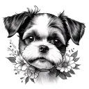 make a tattoo of flowers inspired by dog breeds, toy poodle, mix, Boston terrier and Maltese  tattoo design idea