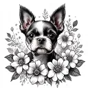 make a tattoo of flowers inspired by dog breeds, toy poodle, mix, Boston terrier and Maltese  tattoo design idea