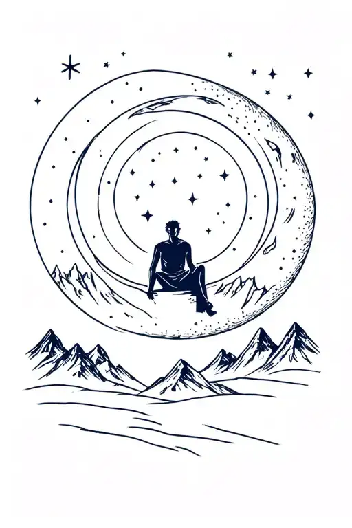 A sitting man on a crescent moon against a backdrop of snowy mountains and a starry sky. tattoo design idea